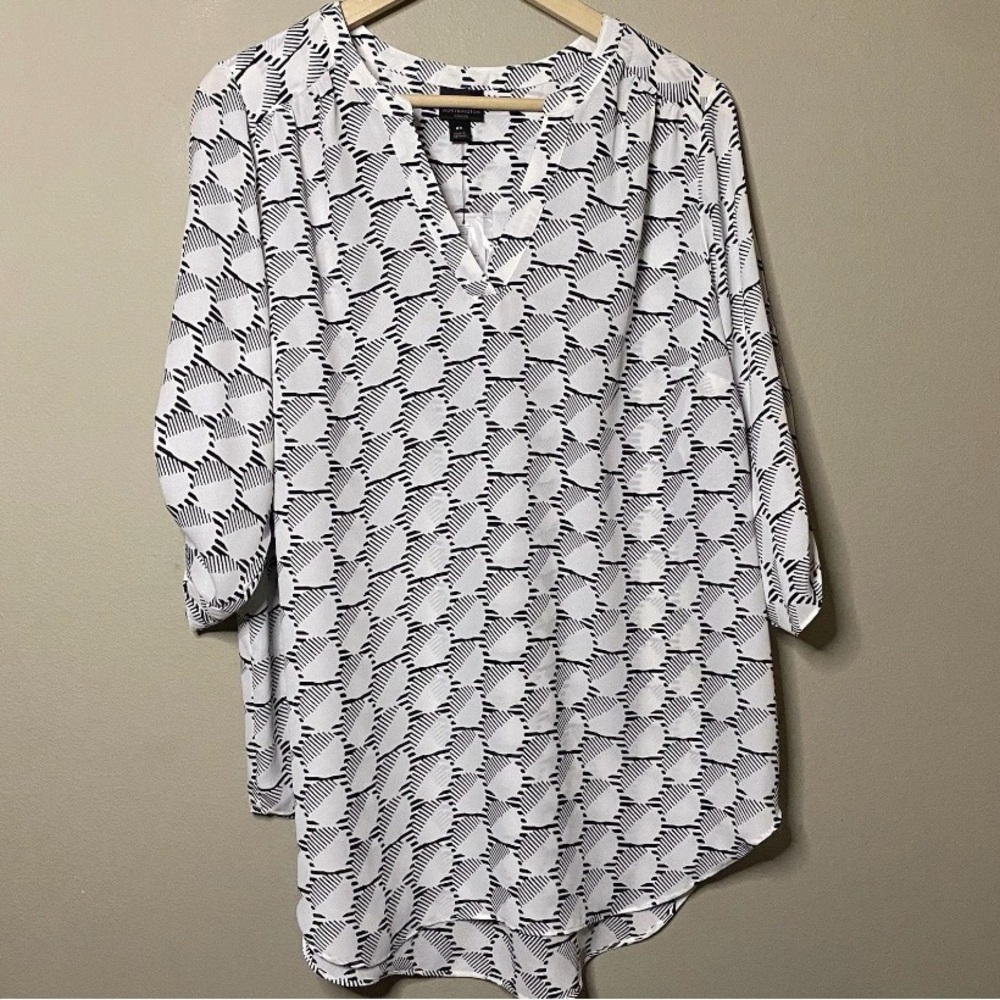 Worthington V-Neck Tunic Women 0X Black White Geometric Roll Tab Sleeve New